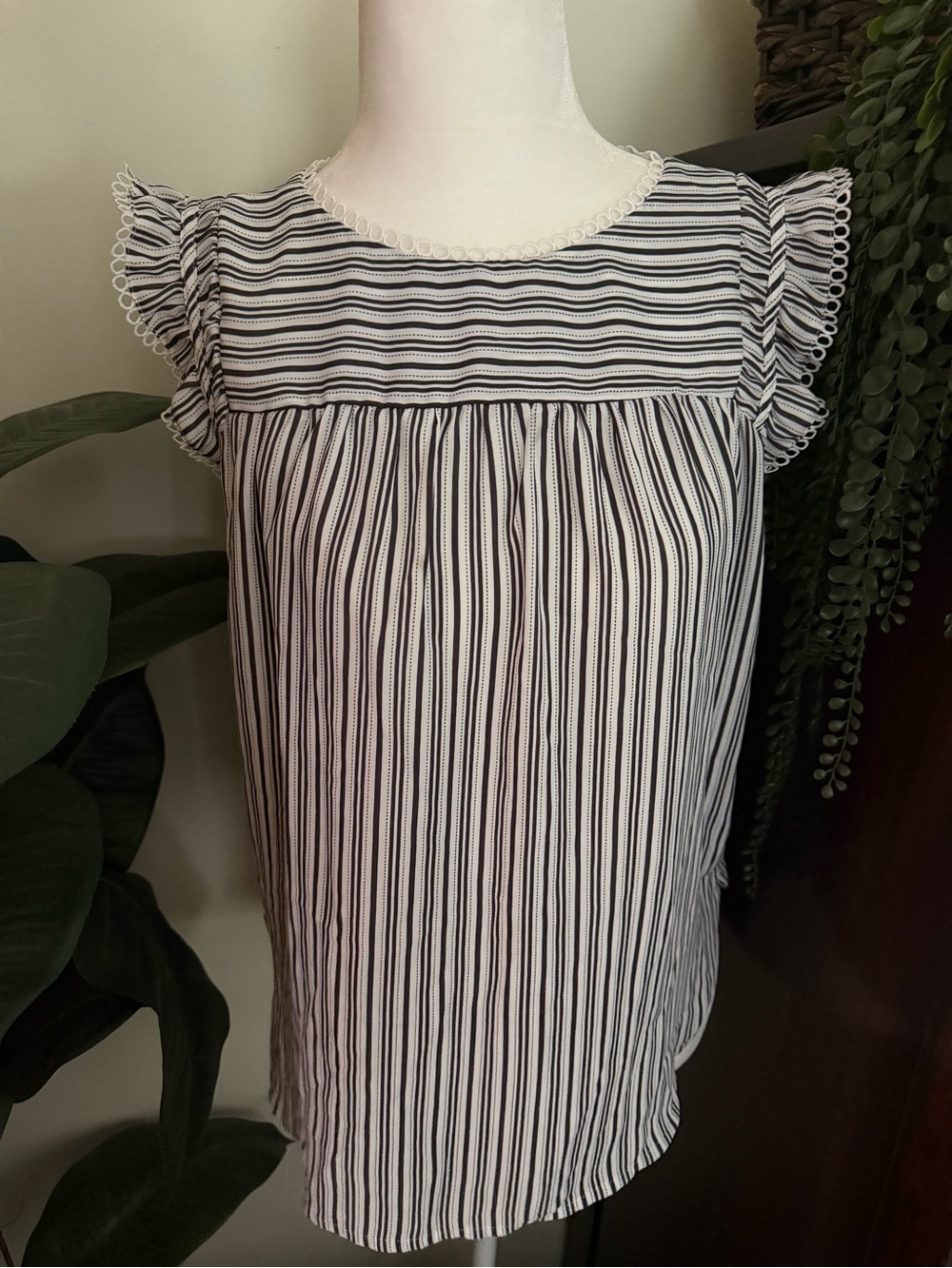 LOFT Charcoal & White Striped Ruffle Sleeve Tank